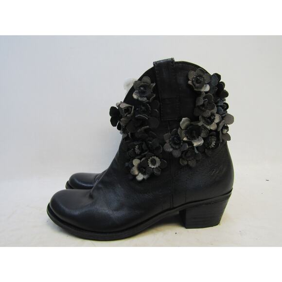 Sheridan Mia Womens Sz 40 EUR Black Leather Flower High Ankle Boots Bootie - Picture 1 of 11